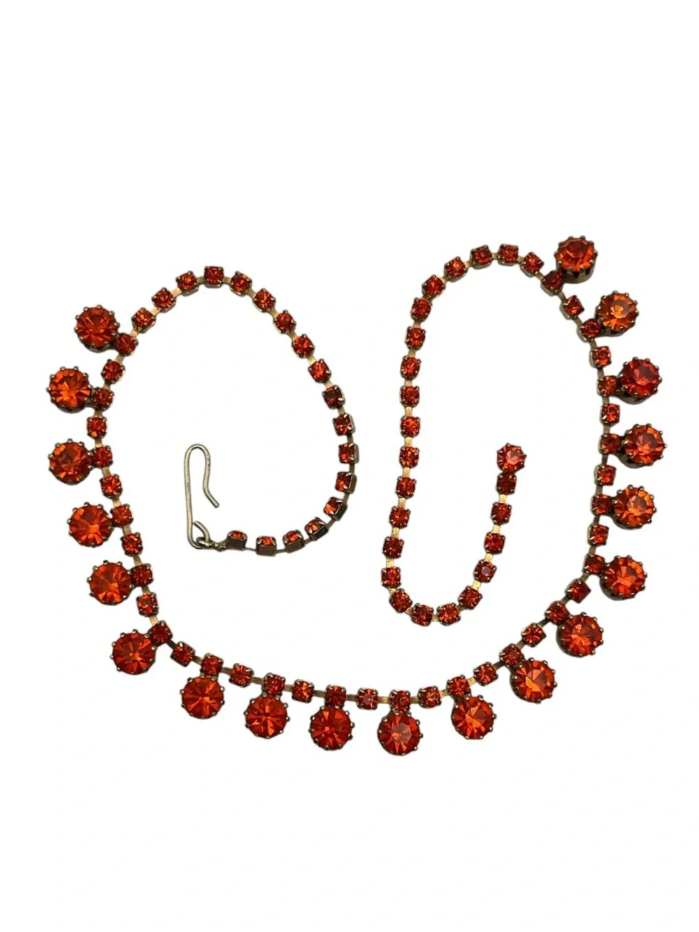 Orange rhinestone tennis necklace gold tone vintage sparkly